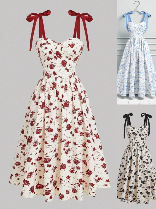 Women's Lace-Up Shoulder Floral A-Line Dress