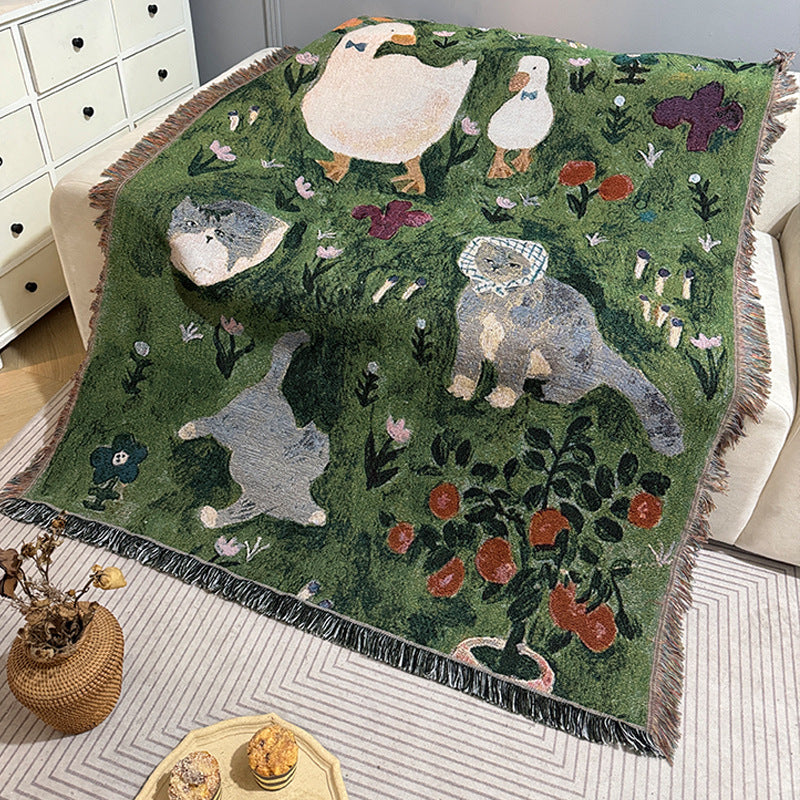 Knitted tassel tapestry throw with little cat print - 80x100cm size