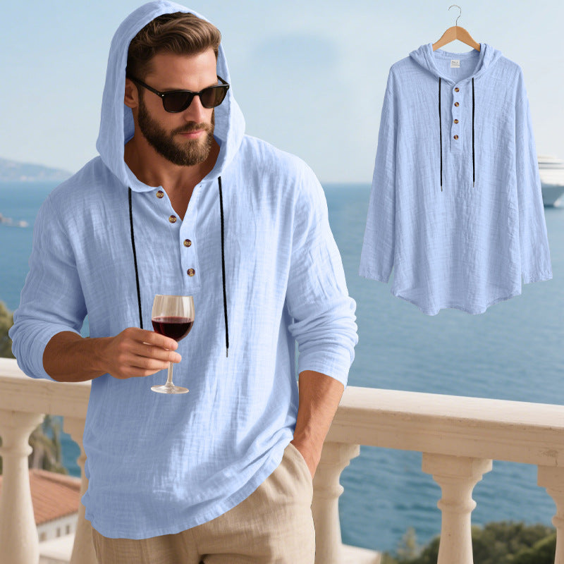 Men's Linen-Blend Hooded Henley Shirt