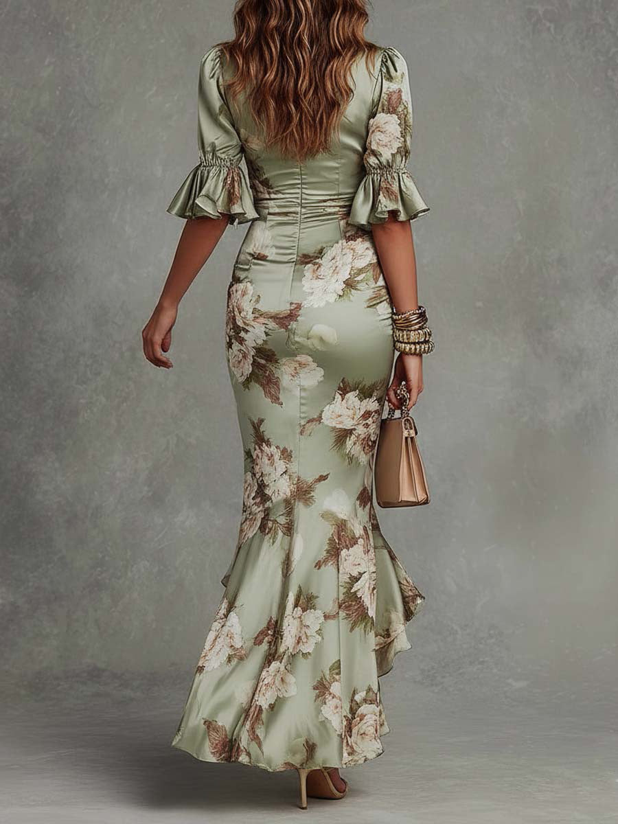 Women's V-Neck Slim Fit Printed Fishtail Dress Resort Style