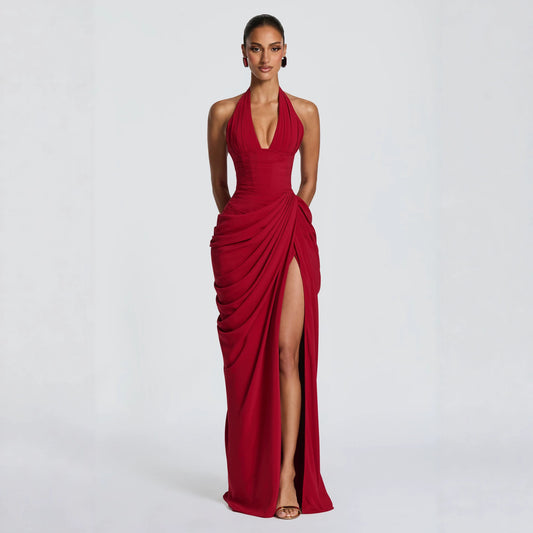 Women's Halter V-Neck Pleated Bodycon Dress