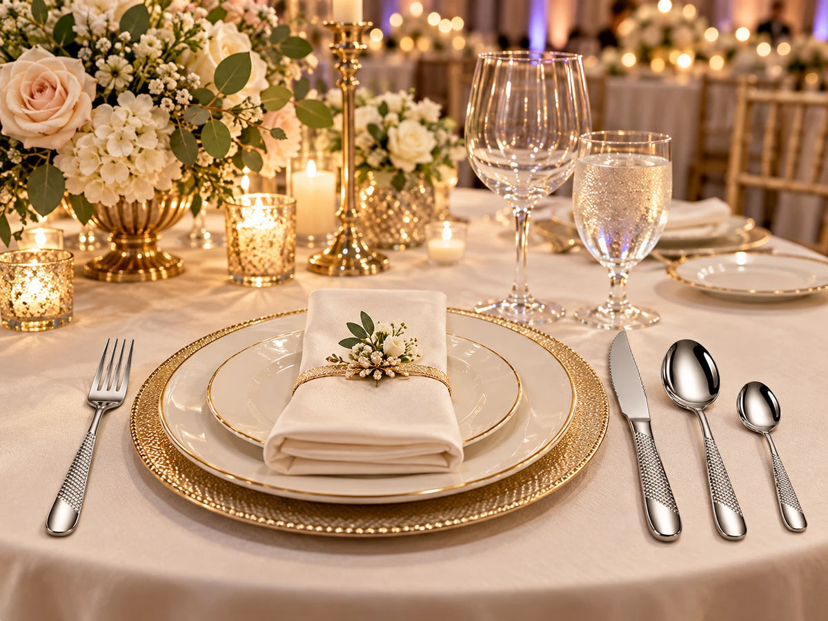 Silver stainless steel cutlery set on an elegant wedding table