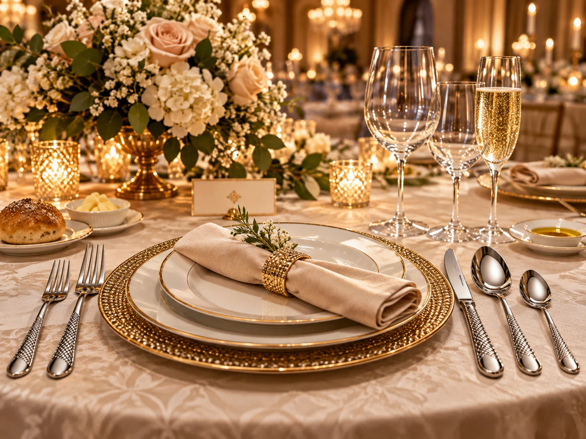 Silver stainless steel cutlery set beside gold charger plate and champagne glasses