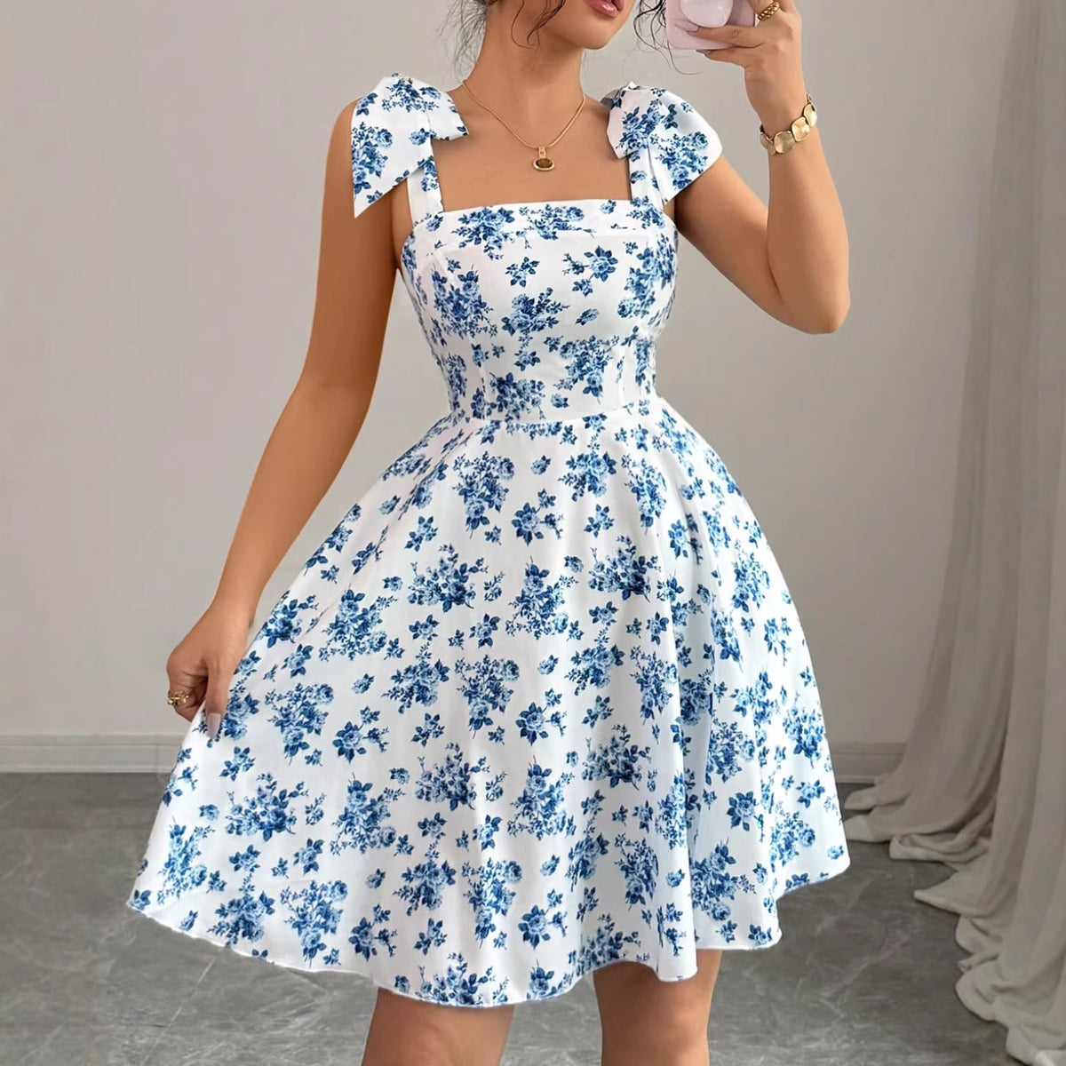 Women's French Floral Print Sleeveless Mini Dress