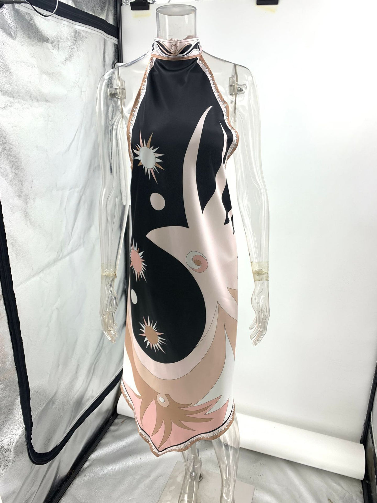Women's Halter Backless Printed Satin Dress