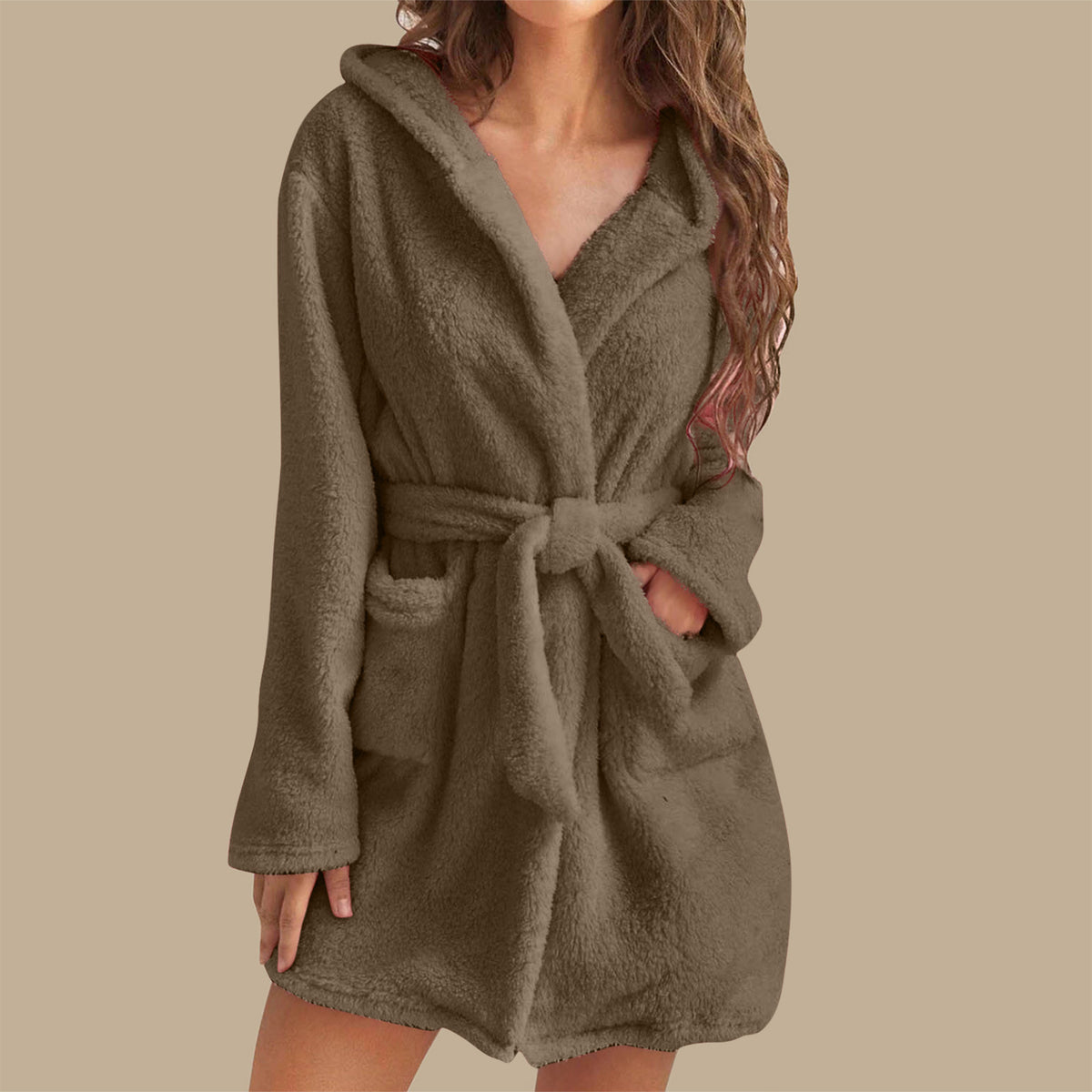 Women's Plush Hooded Bathrobe in Coffee