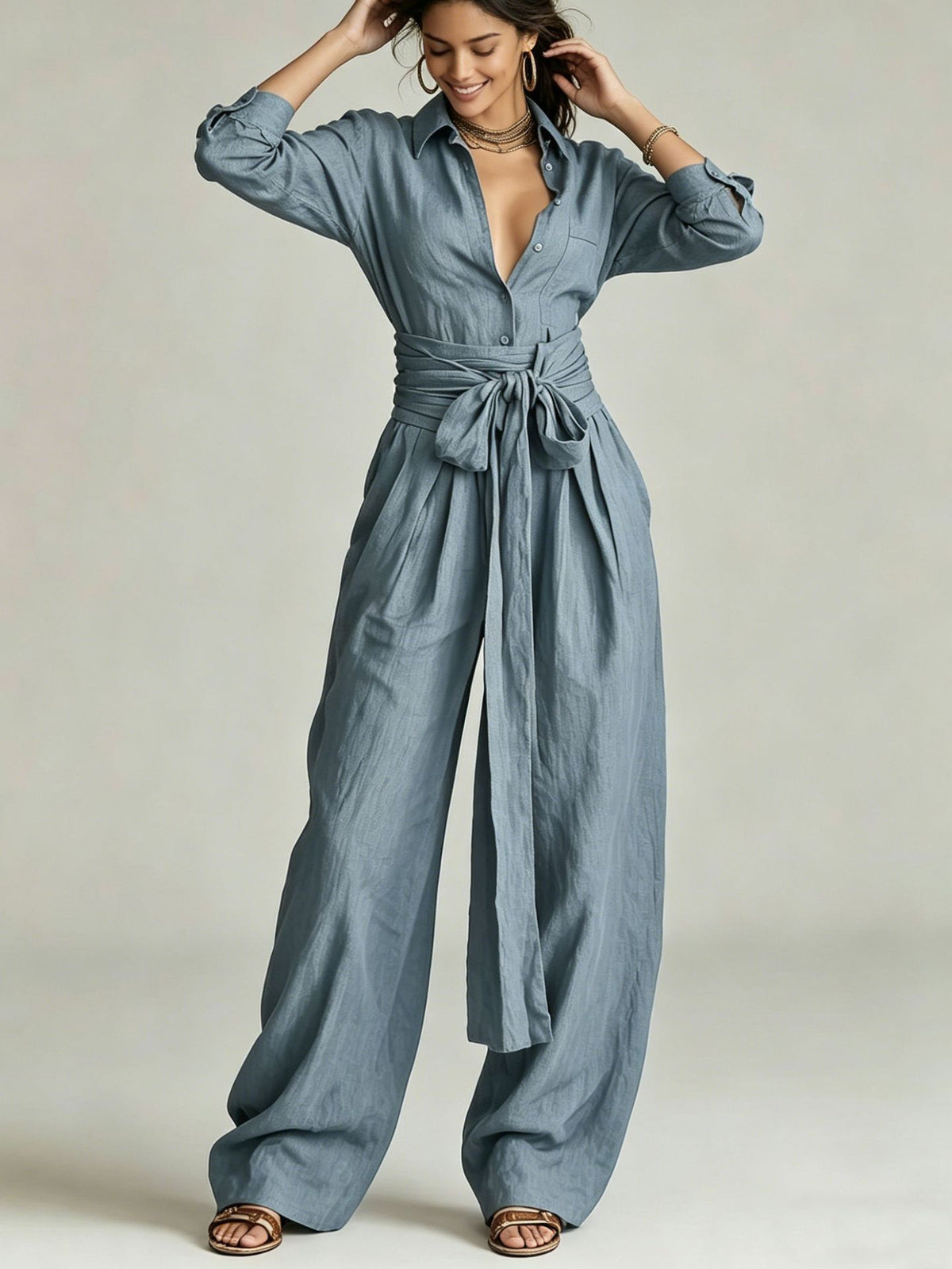 Women's Lapel Collar Belted Wide-Leg Jumpsuit