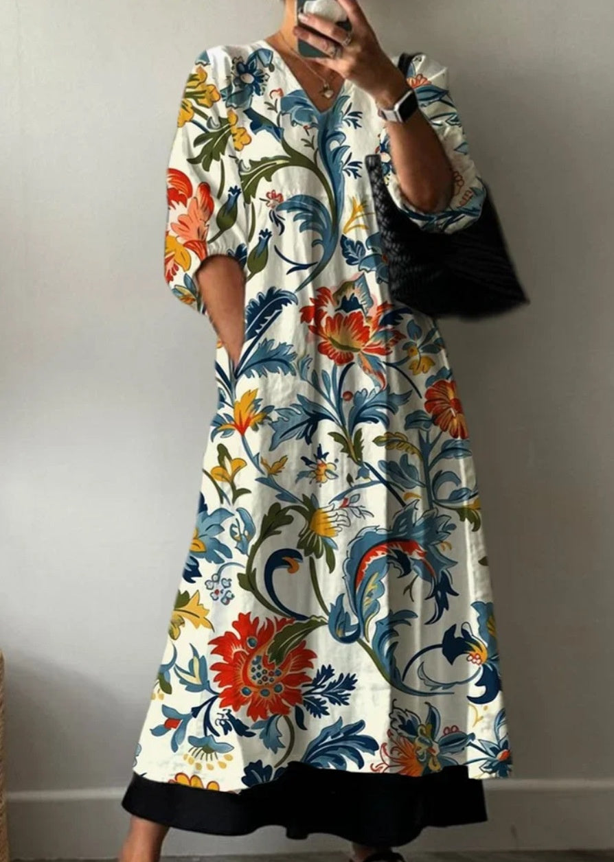 Women's Loose V Neck Long Sleeve Print Dress