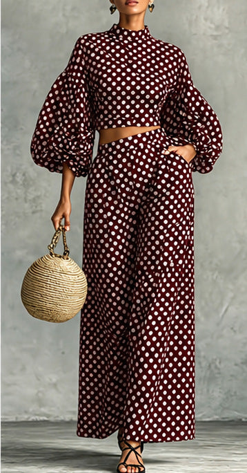 Women's Polka Dot Puff Sleeve Top and Wide-Leg Pants Set