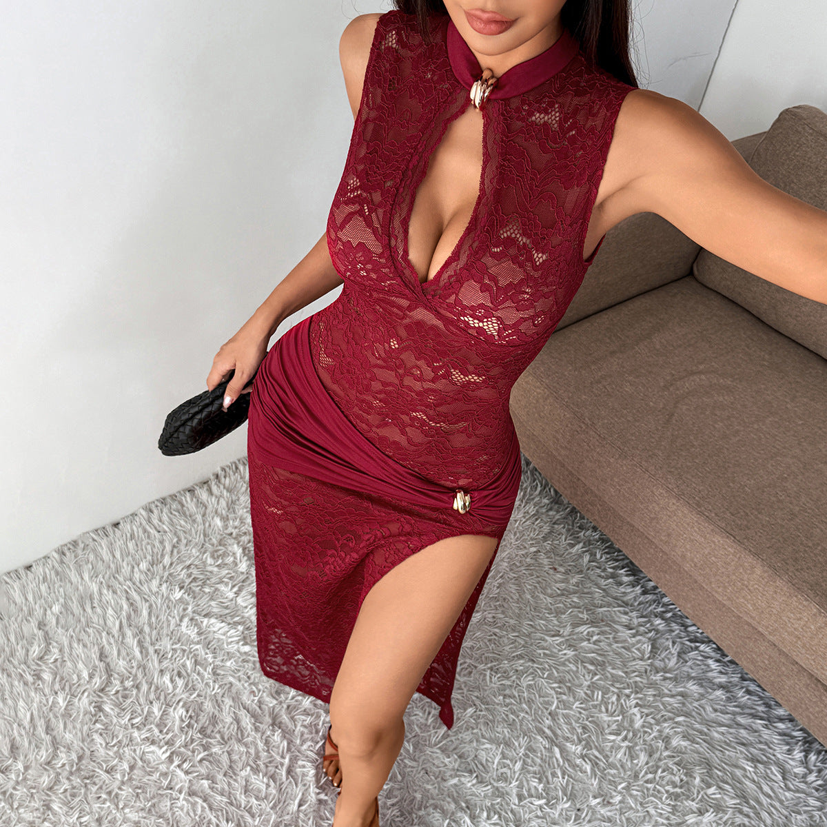 Women's Sleeveless Lace High-Slit Slim Fit Dress