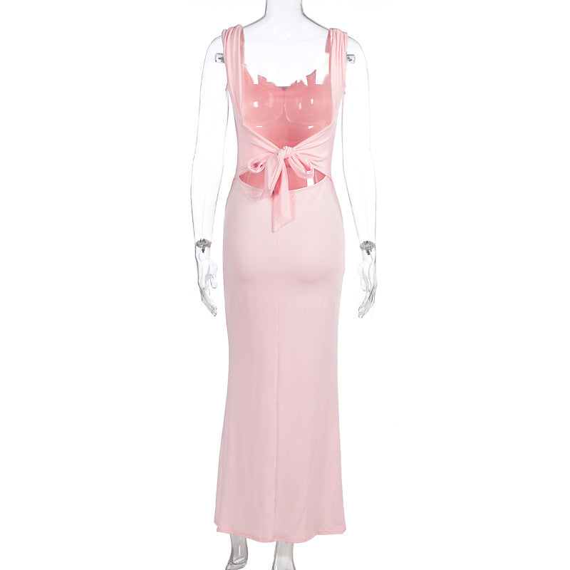 Women's Sleeveless Backless Lace-Up Dress with Side Slit