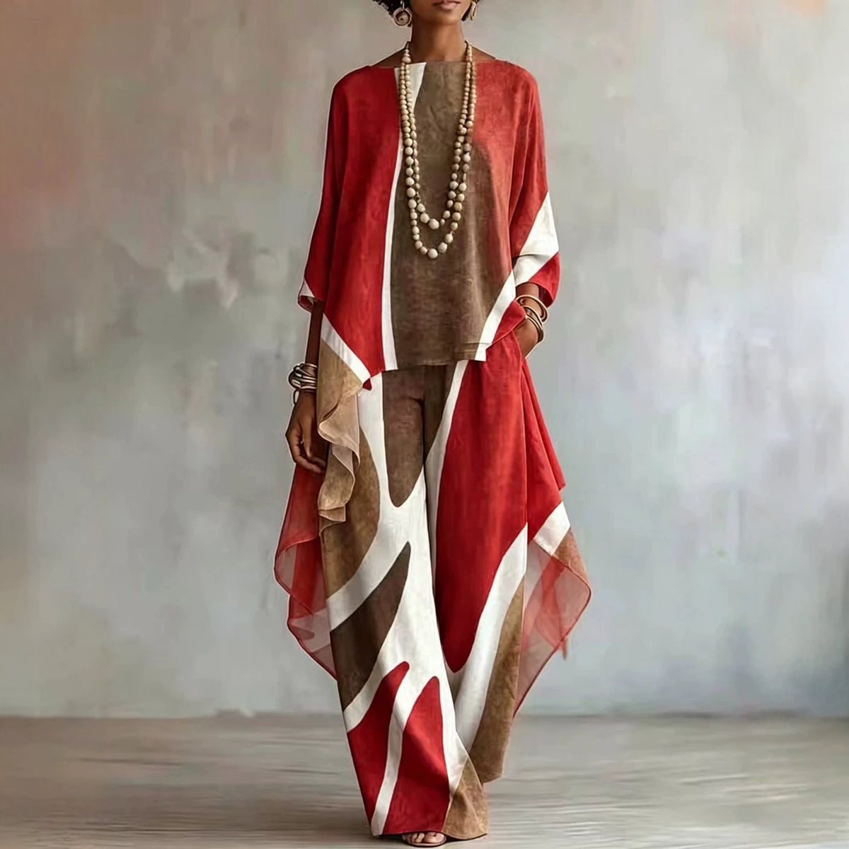 Geometric Print Top and Wide Leg Pants Set