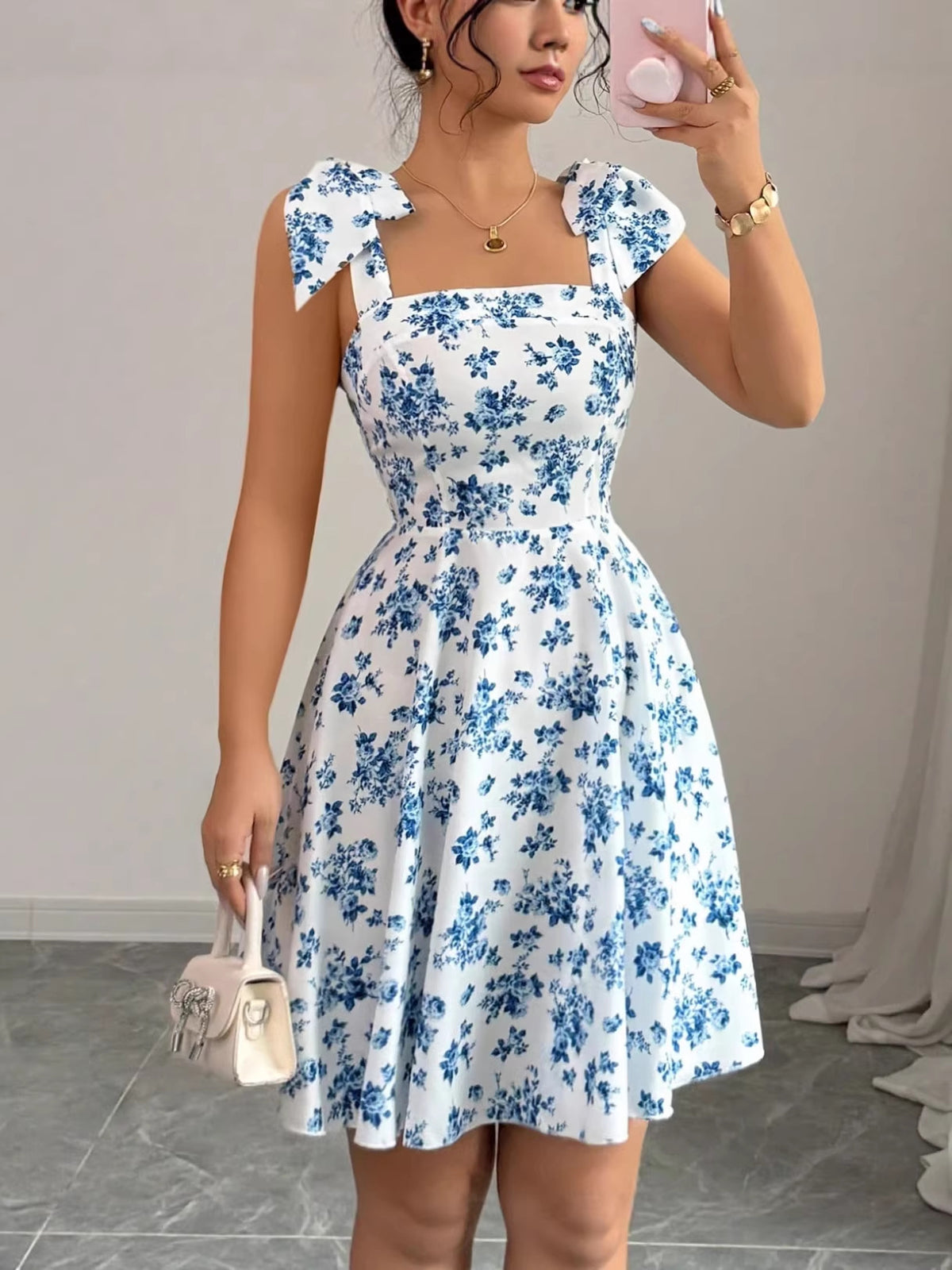 Women's French Floral Print Sleeveless Mini Dress