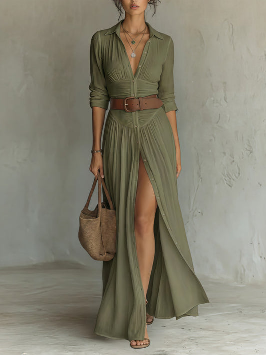 Women's V-Neck Long Slit Shirt Dress