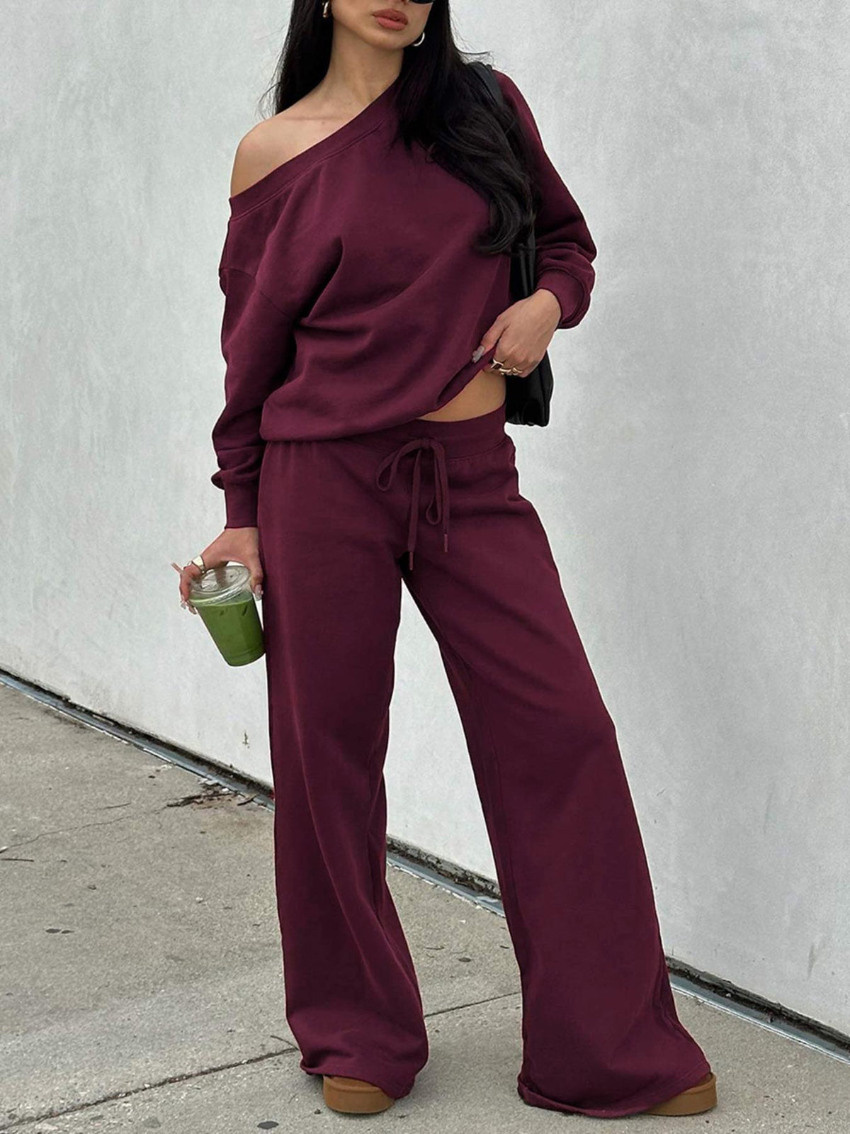 Women's Off-Shoulder Long Sleeve Top and Wide-Leg Pants Set