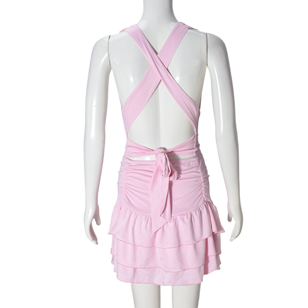 Women's Halter Crop Top and Tiered Skirt Set