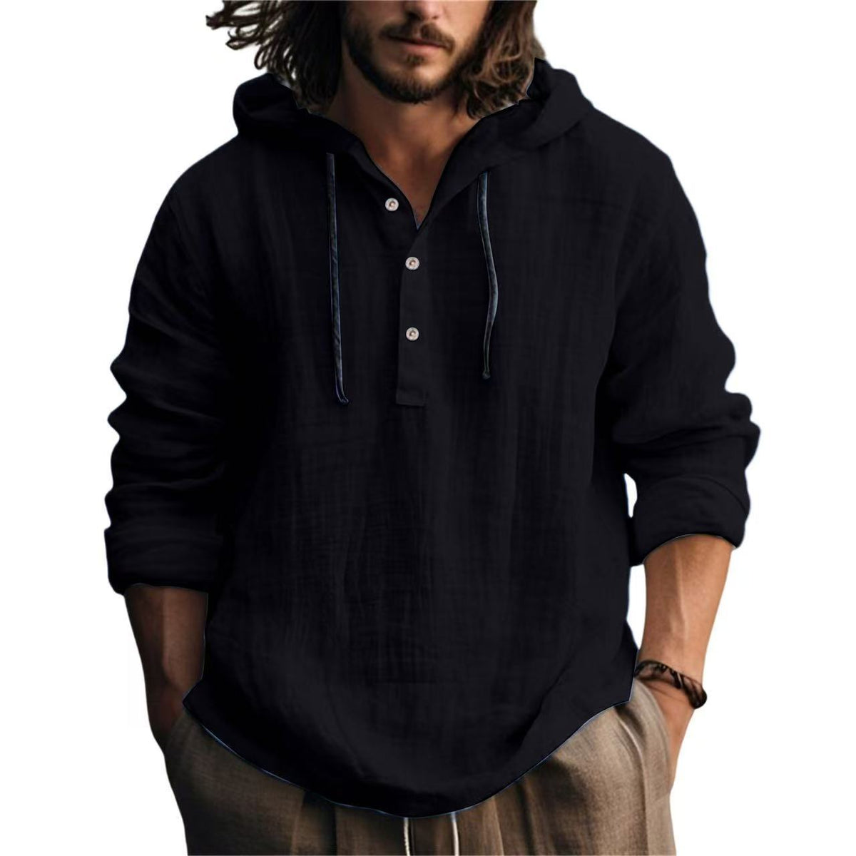 Men's Linen Long Sleeve Hooded Casual Shirt