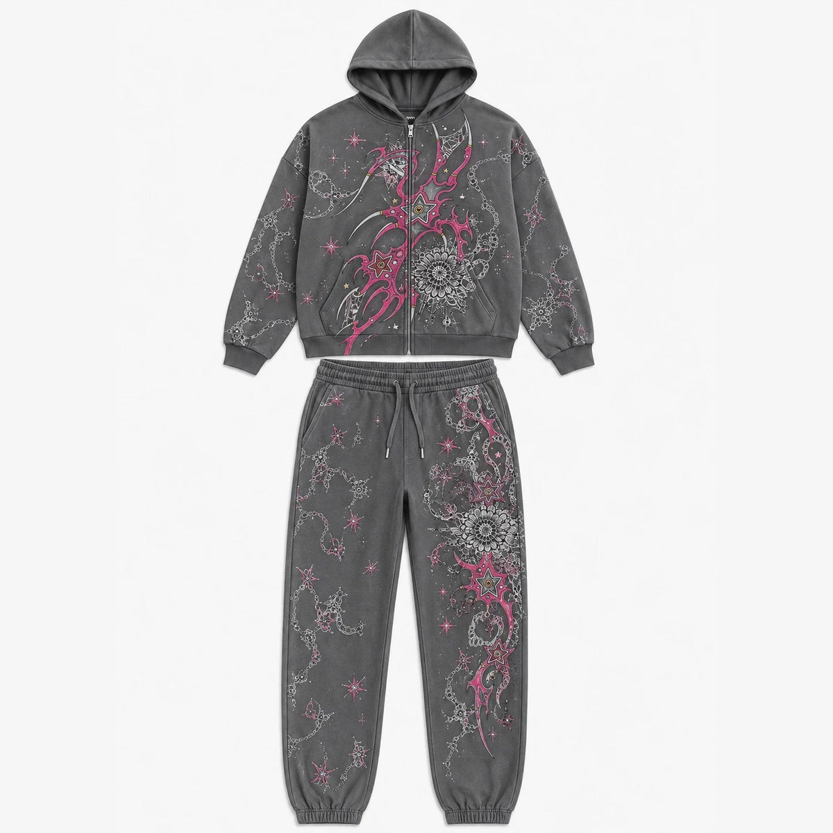 Print Hooded Zip Sweatshirt and Pants Set