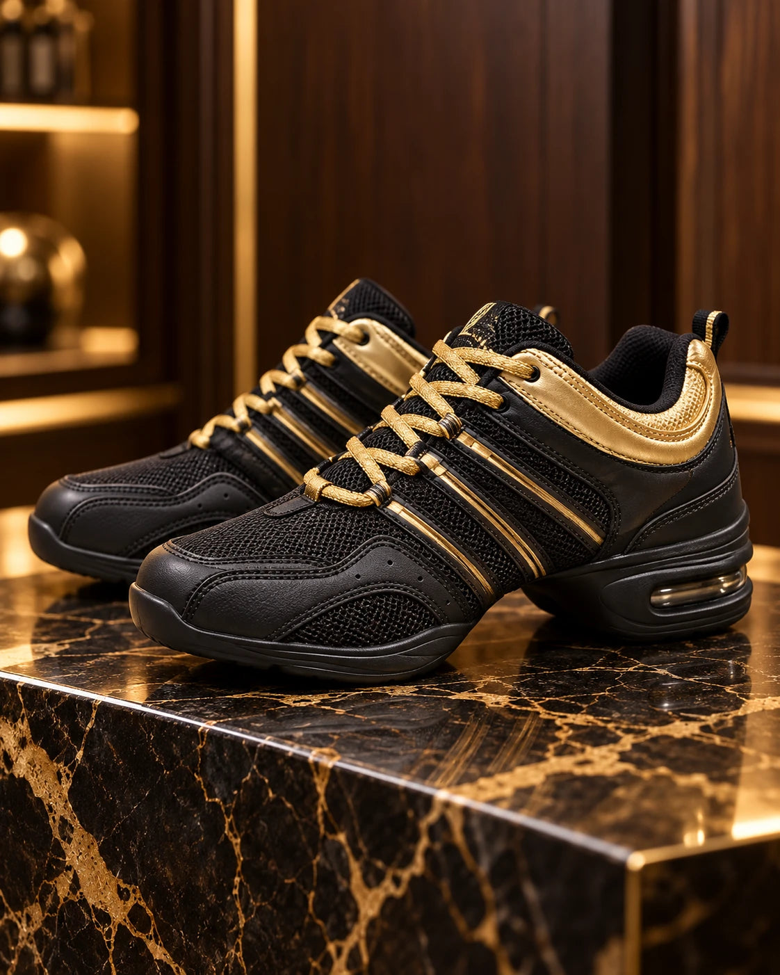 Black and gold women's modern dance sneakers with air cushion heel