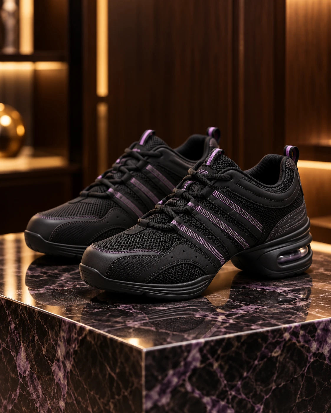 Black and purple women's modern dance sneakers with air cushion heel