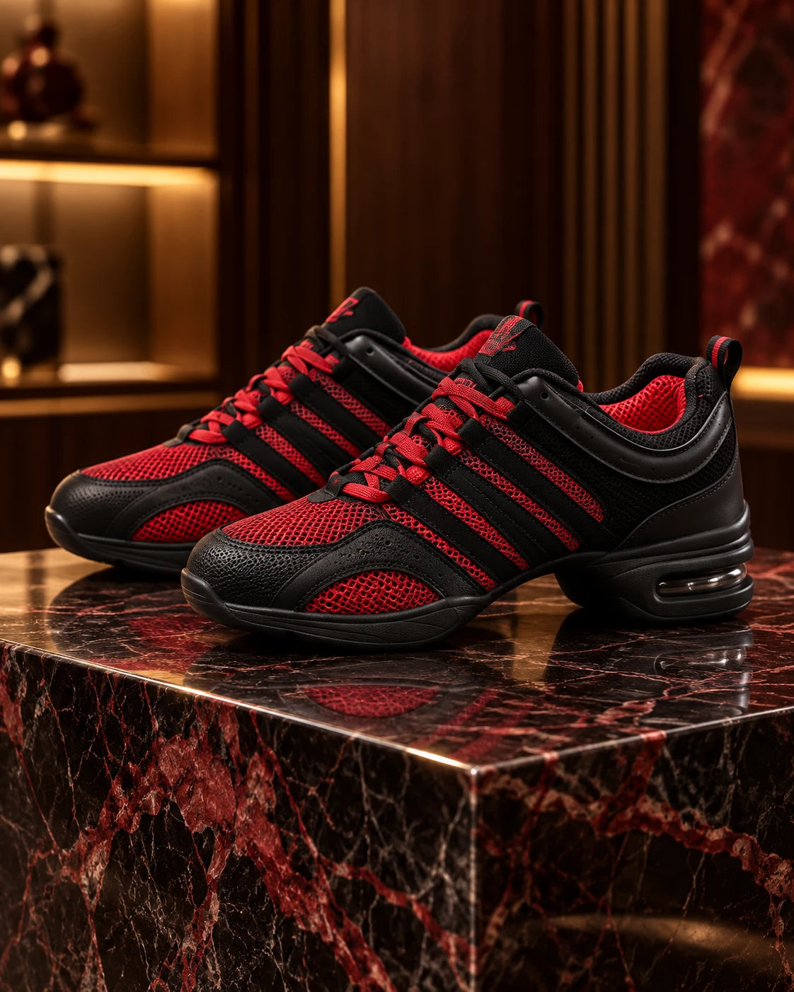 Black and red women's modern dance sneakers with air cushion heel
