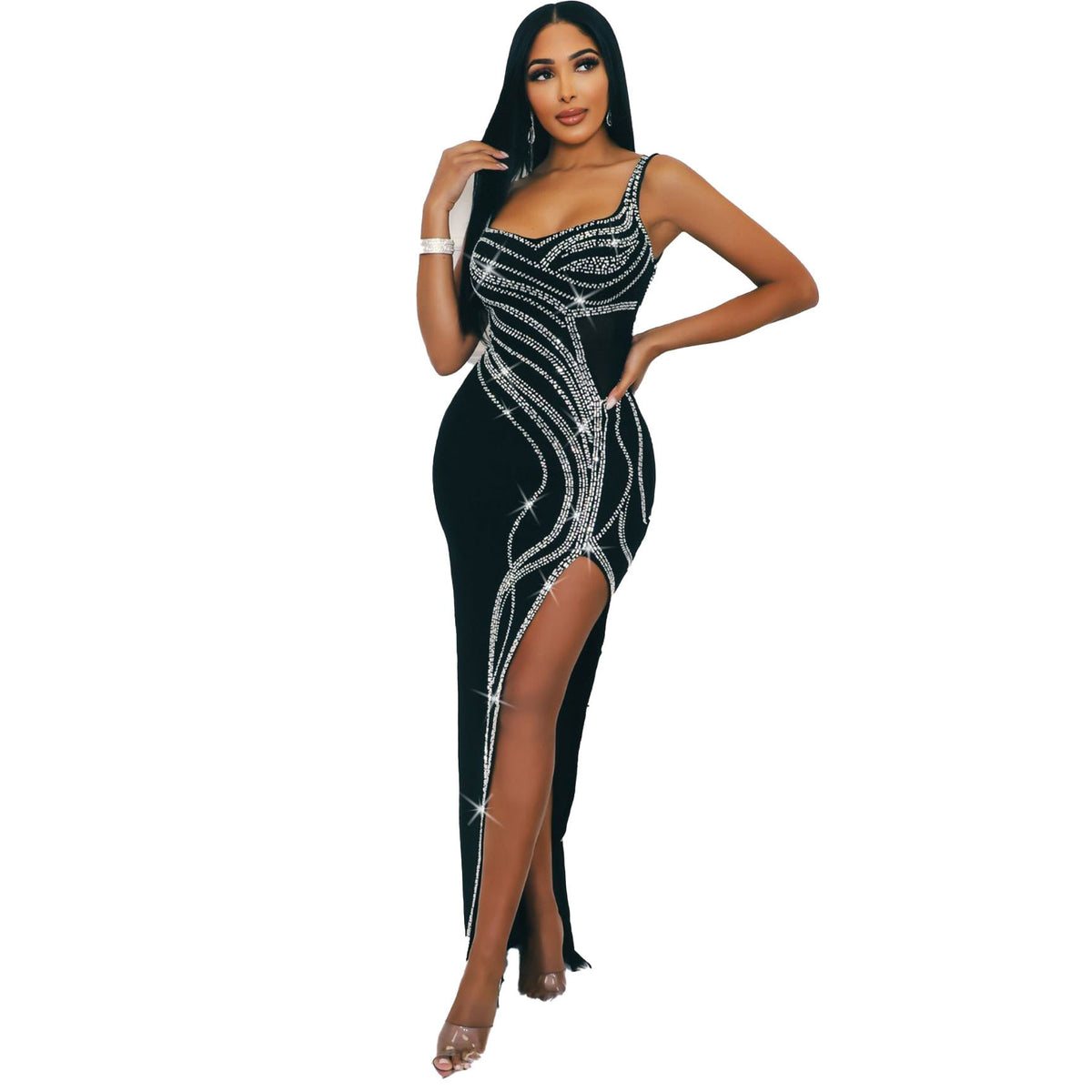 Women's Diamond Detail Slit Elastic Bodycon Dress