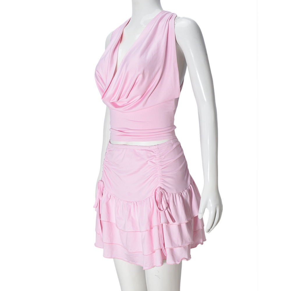 Women's Halter Crop Top and Tiered Skirt Set
