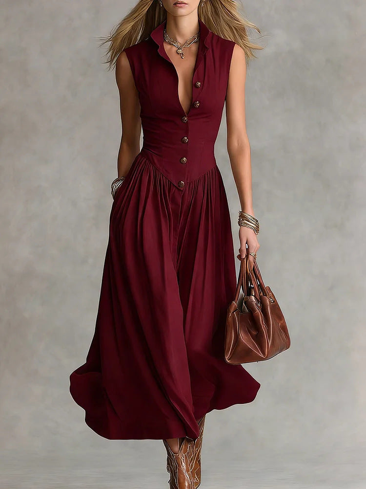 Women's Lapel Sleeveless Long Dress