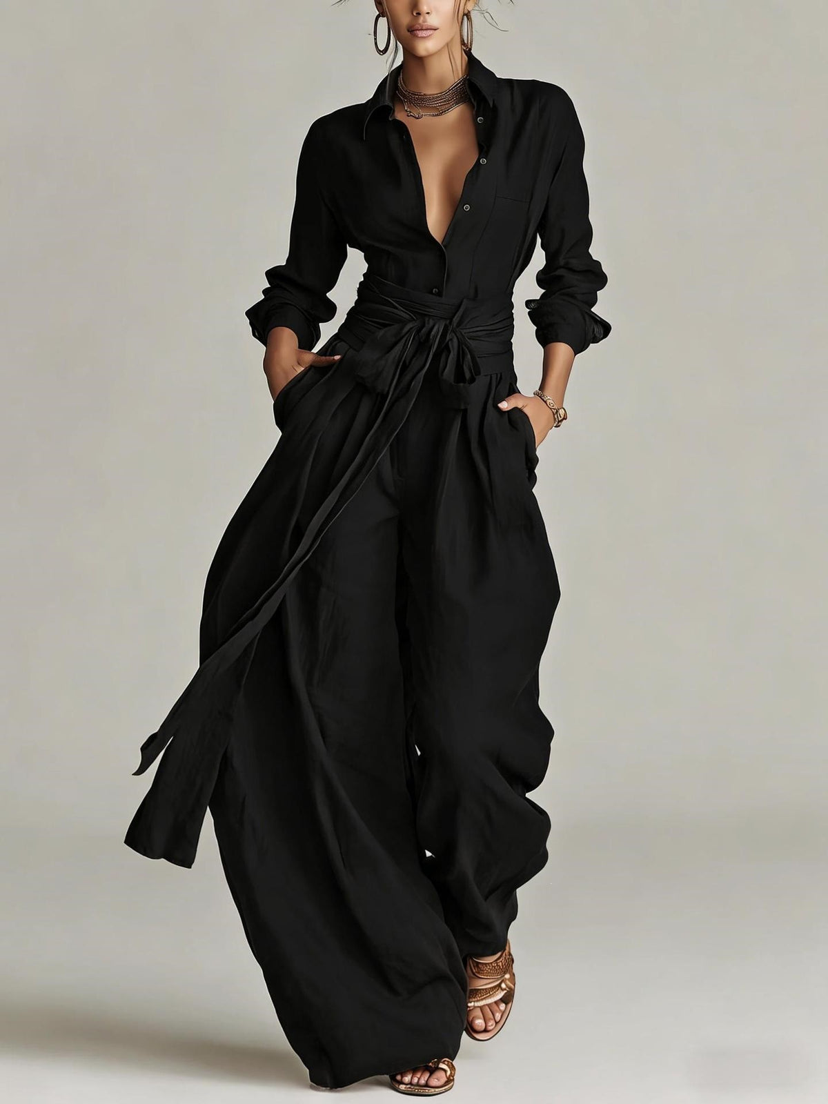 Women's Lapel Collar Belted Wide-Leg Jumpsuit