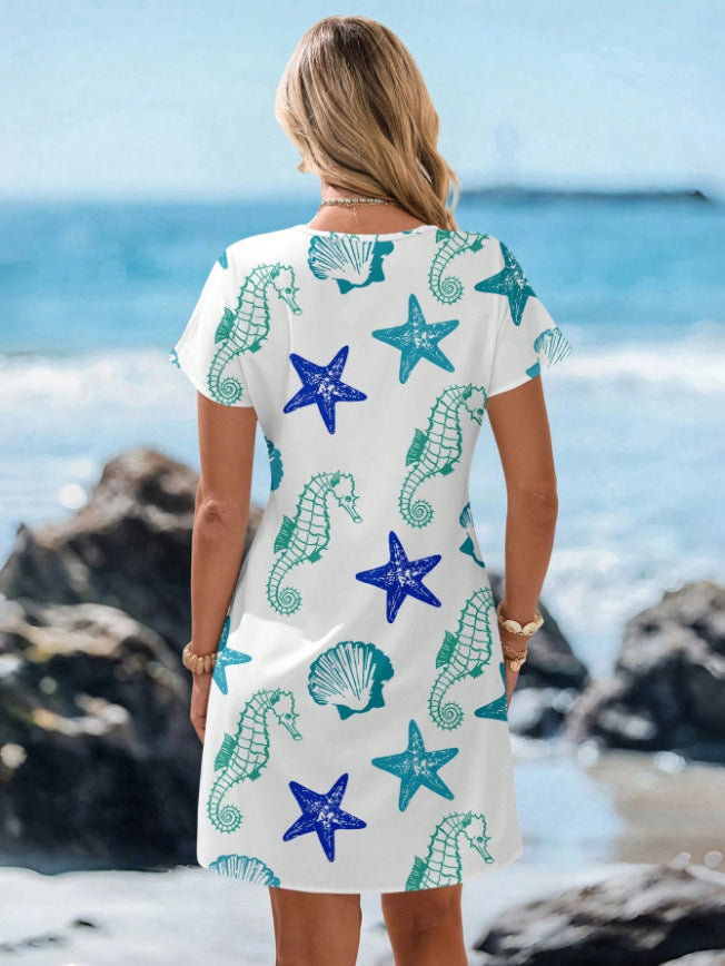 Women's V-Neck Starfish Print Short Sleeve Dress