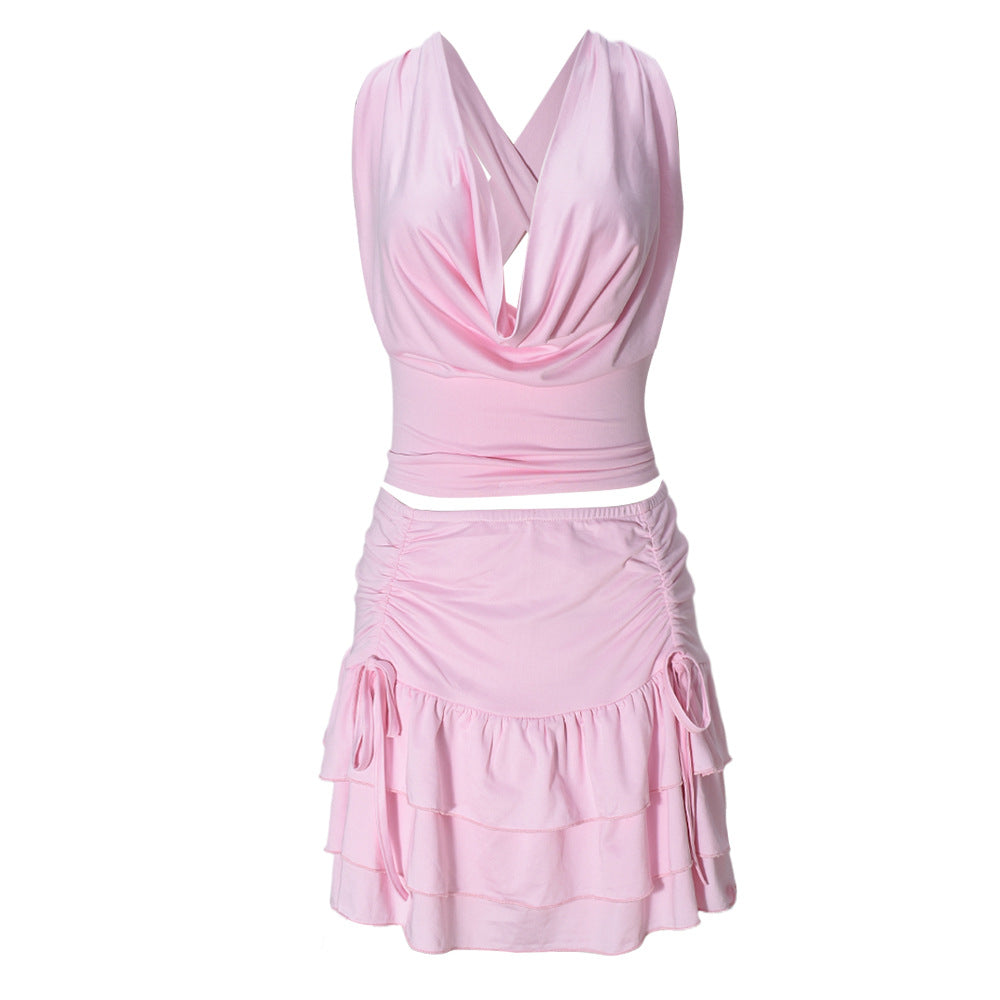 Women's Halter Crop Top and Tiered Skirt Set