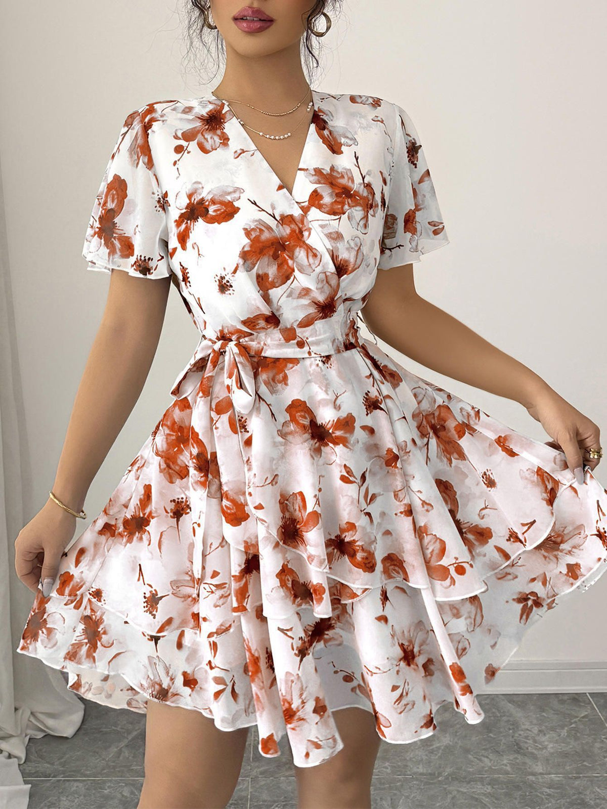 Women's Floral Print V-Neck Short Sleeve Bohemian Swing Dress