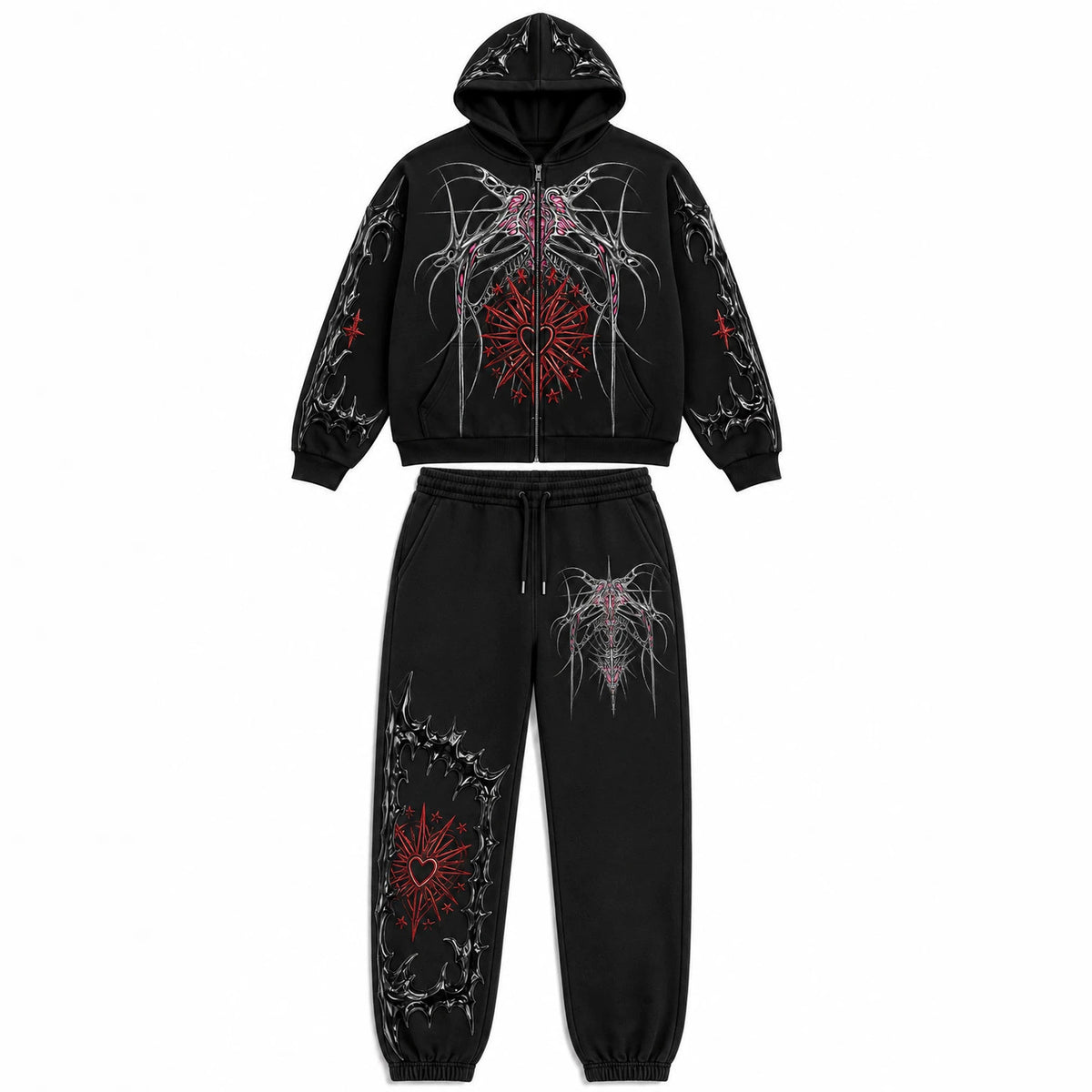 Print Hooded Zip Sweatshirt and Pants Set
