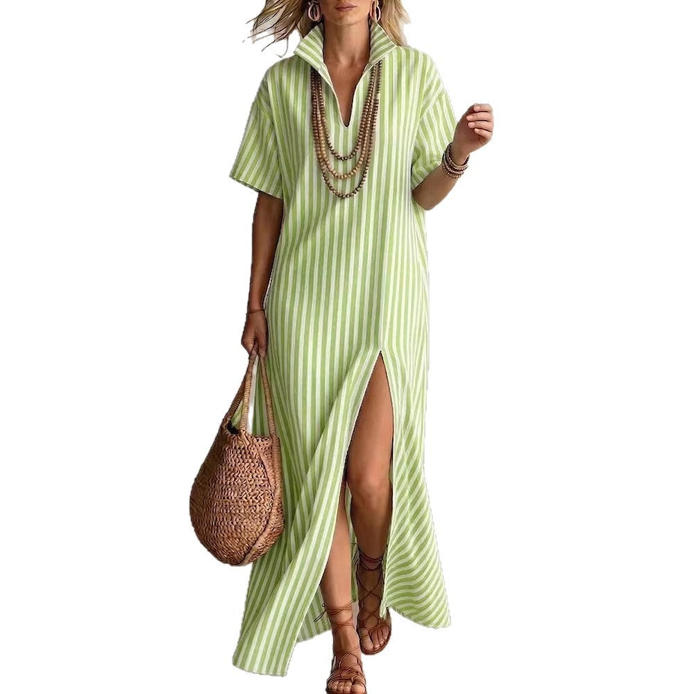 Women's Striped V-Neck Summer Shirt Dress