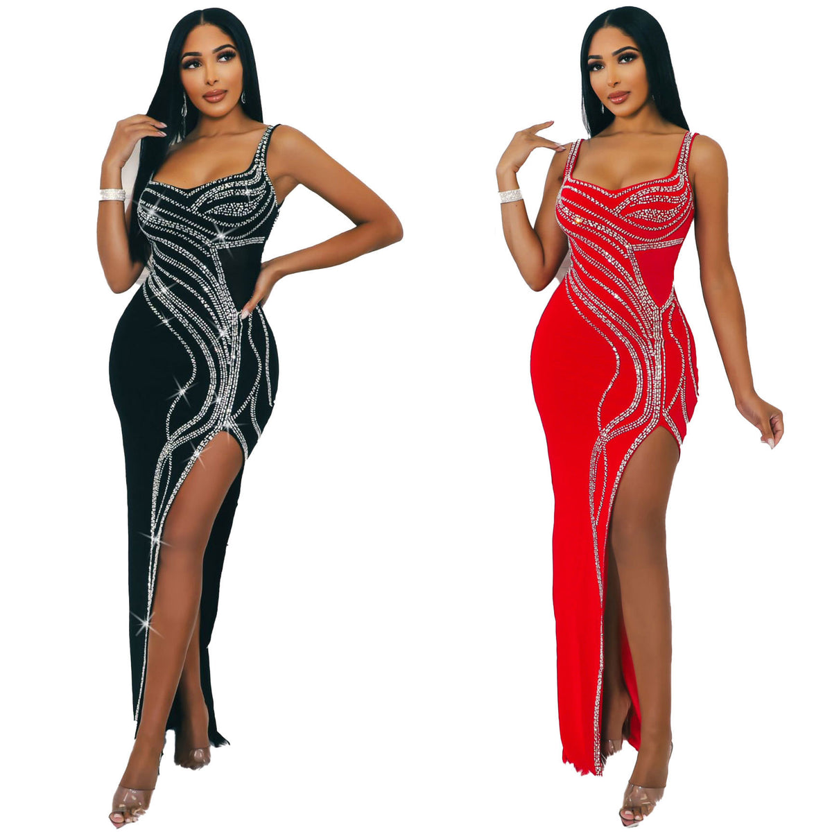 Women's Diamond Detail Slit Elastic Bodycon Dress