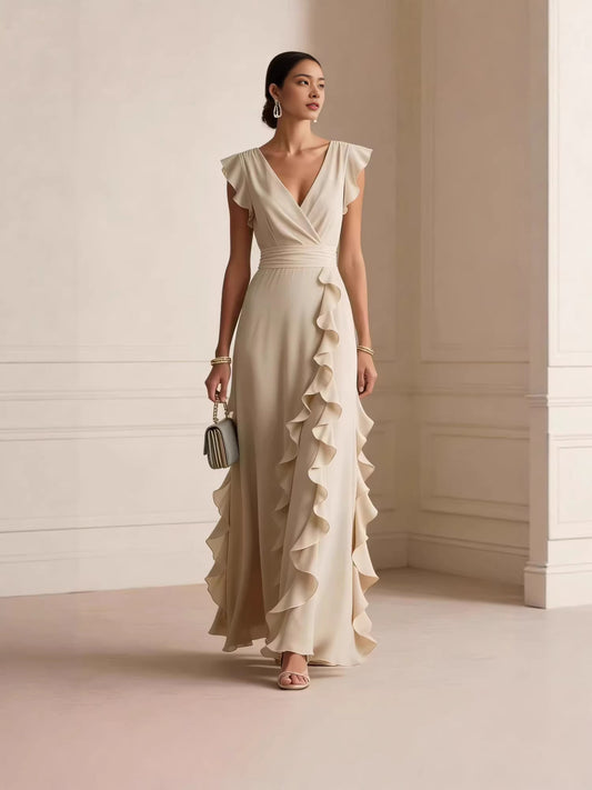 Women's Ruched V-Neck Chiffon Dress