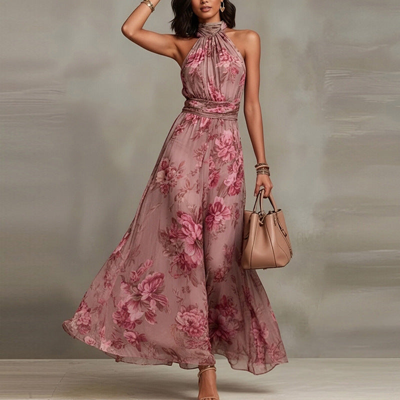 Women's Elegant Print Halter Neck Waist-Cinching Dress