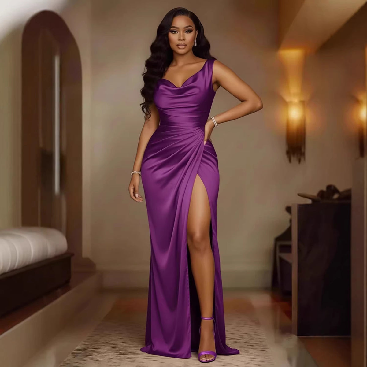 Women's Sleeveless Satin Dress with Hem Slit