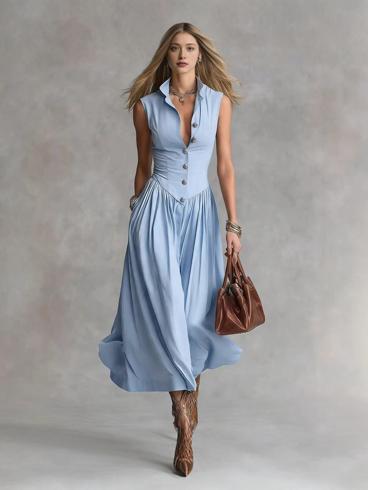 Women's Lapel Sleeveless Long Dress