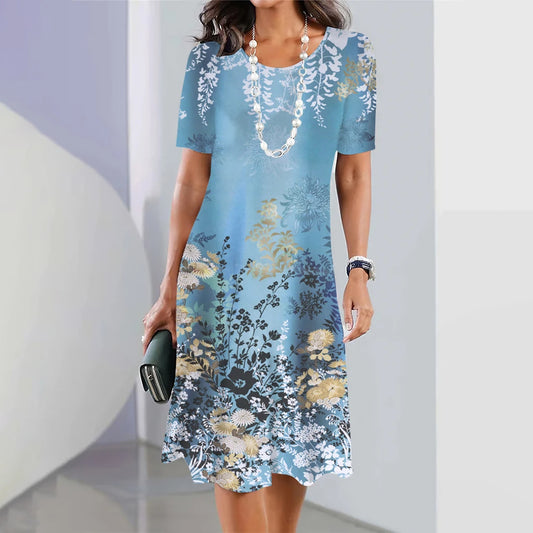 Women's 3D Floral Print Short Sleeve Princess Dress