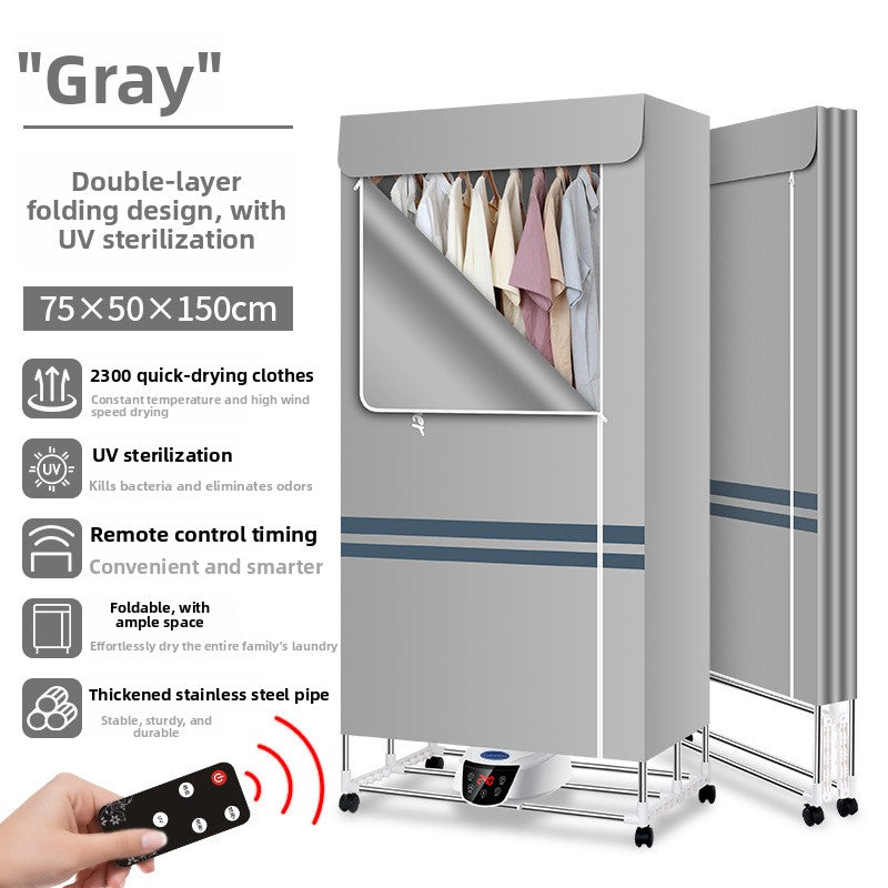 Gray minimal folding clothes dryer with remote control, UV sanitising