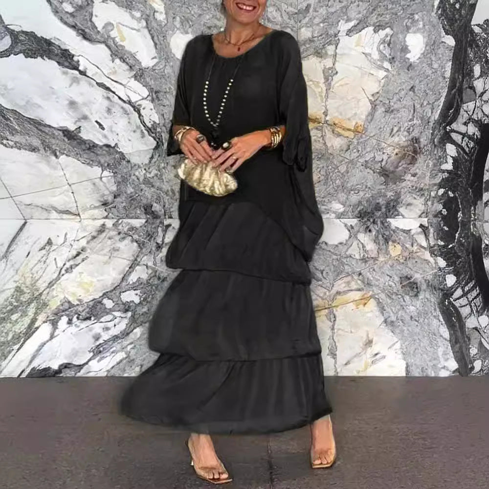 Women's Chiffon Batwing Sleeve Round Neck Long Dress