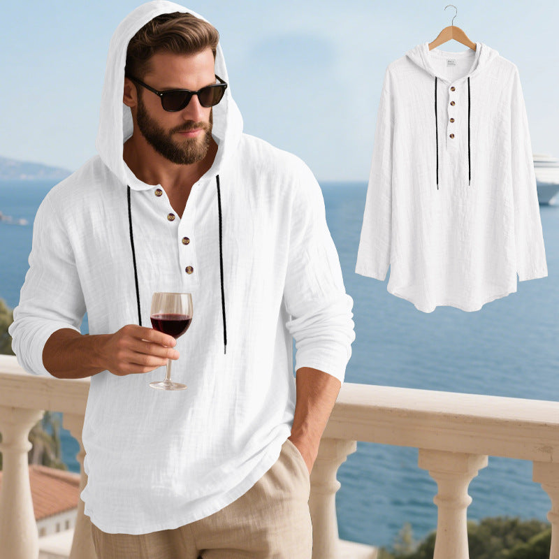 Men's Linen-Blend Hooded Henley Shirt