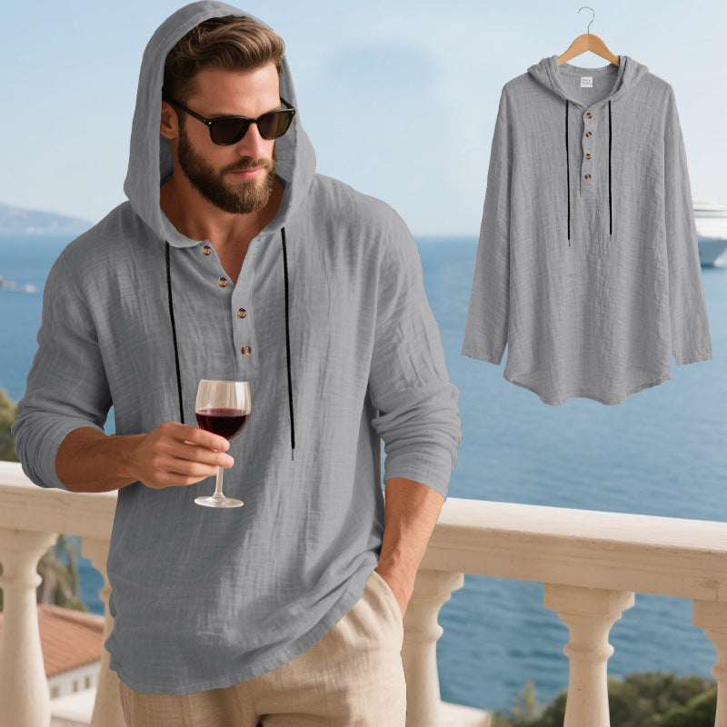 Men's Linen-Blend Hooded Henley Shirt