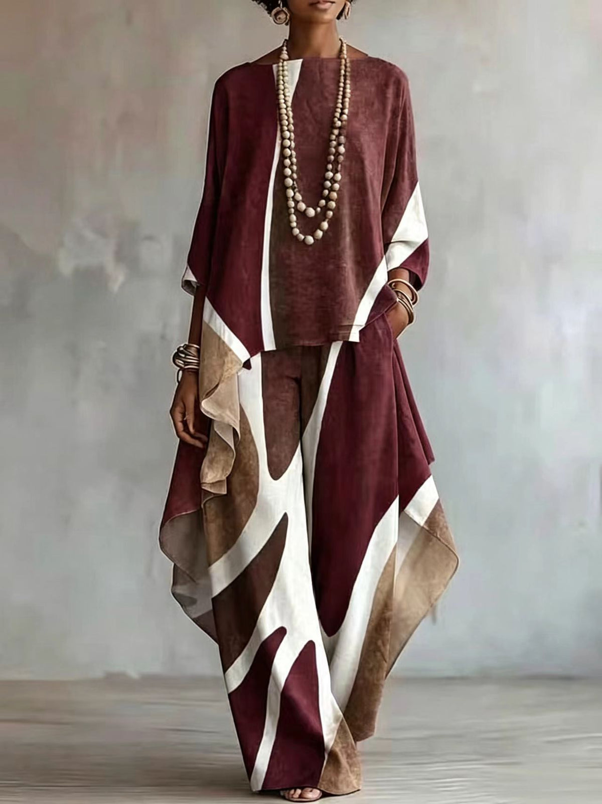 Geometric Print Top and Wide Leg Pants Set