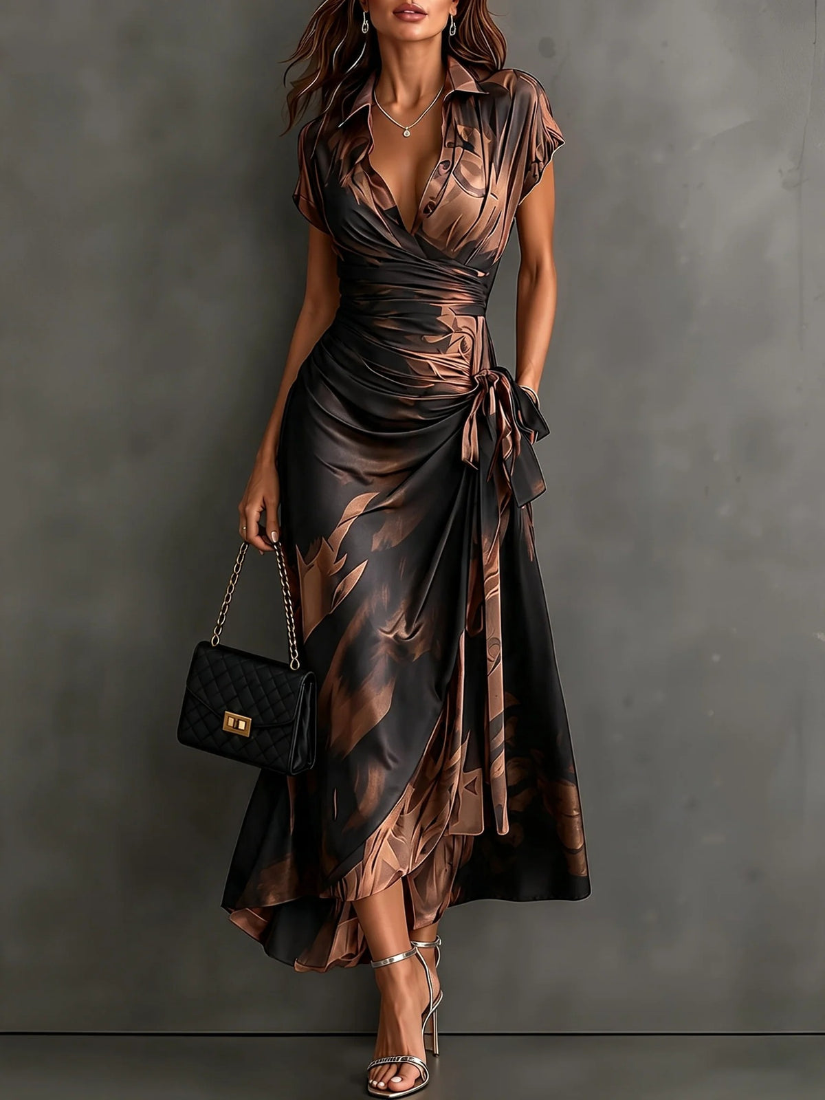 Women's Ink Print Wrap Dress with Collar