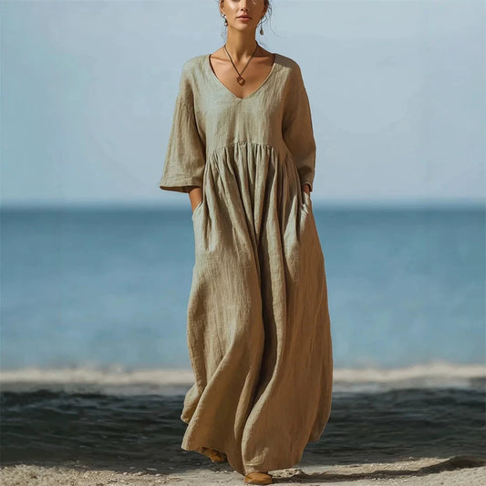 Women's V-Neck Cotton Linen A-Line Dress