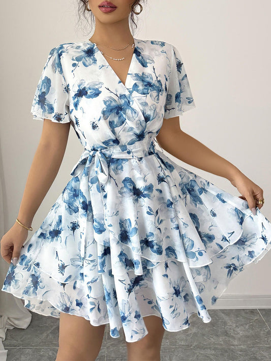 Women's Floral Print V-Neck Short Sleeve Bohemian Swing Dress