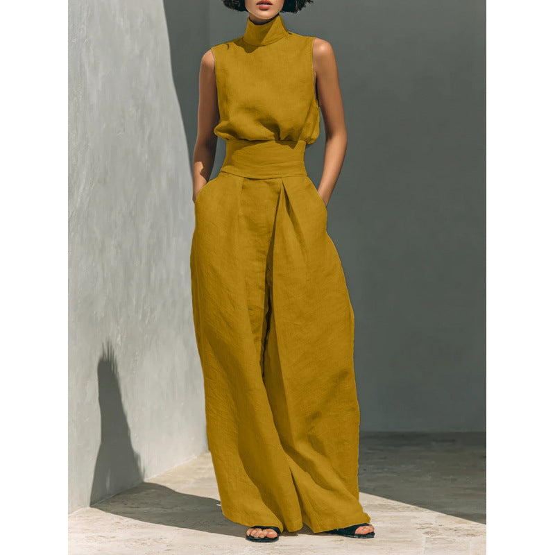 Women's Sleeveless High-Collar Cotton Linen Vest and Wide-Leg Pants Set