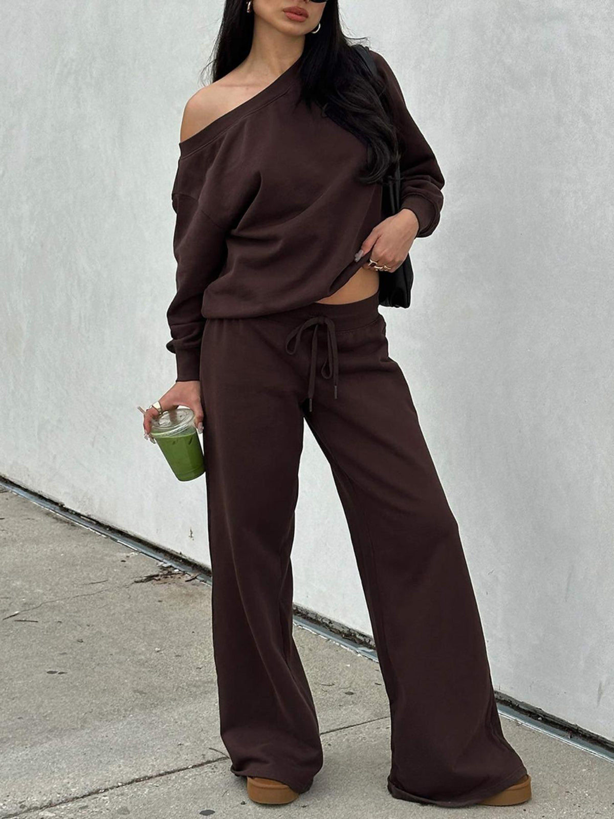 Women's Off-Shoulder Long Sleeve Top and Wide-Leg Pants Set
